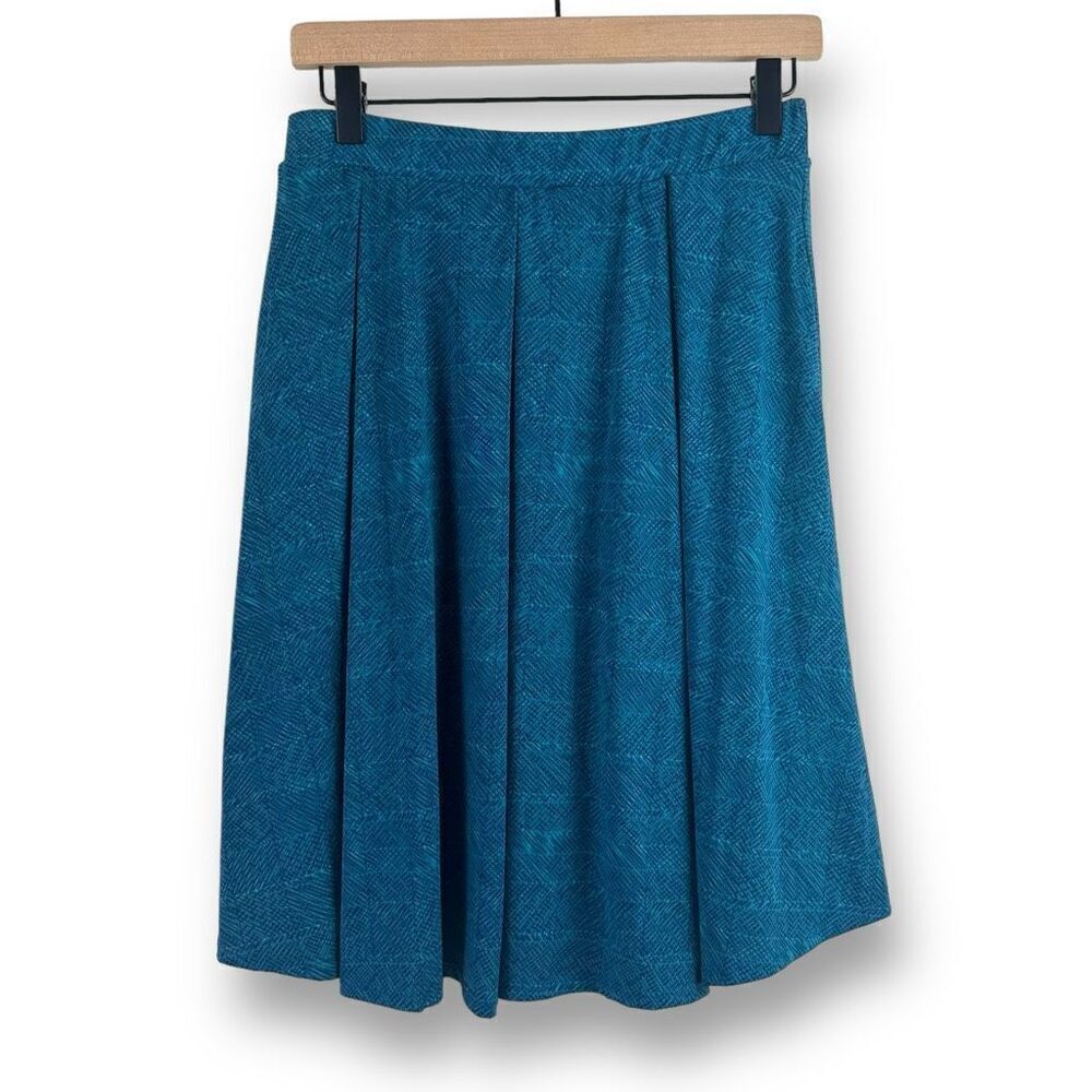 LuLaRoe Women's‎ S Pull On Box Pleat Midi Skirt Blue Herringbone Print Modest